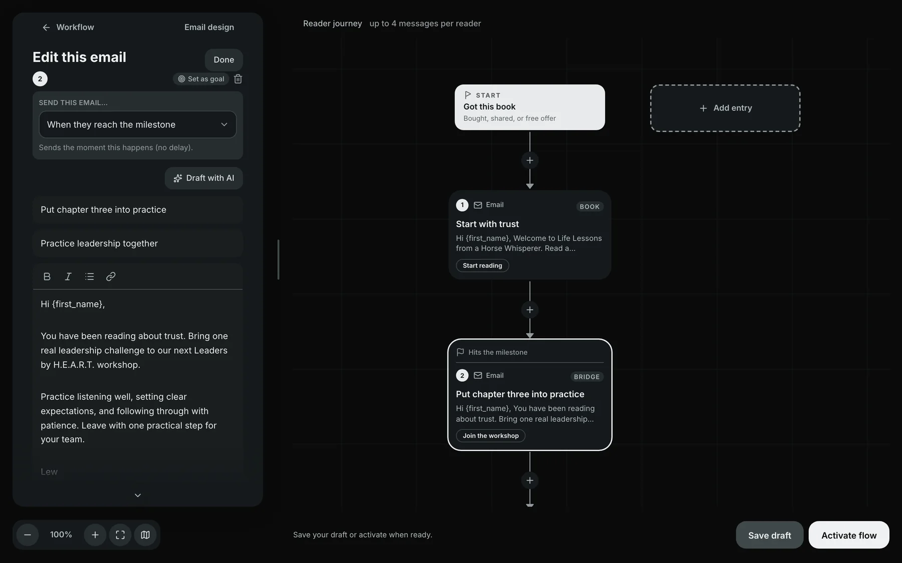 The Storybase flow builder: a reader journey with one email open and its Draft with AI button