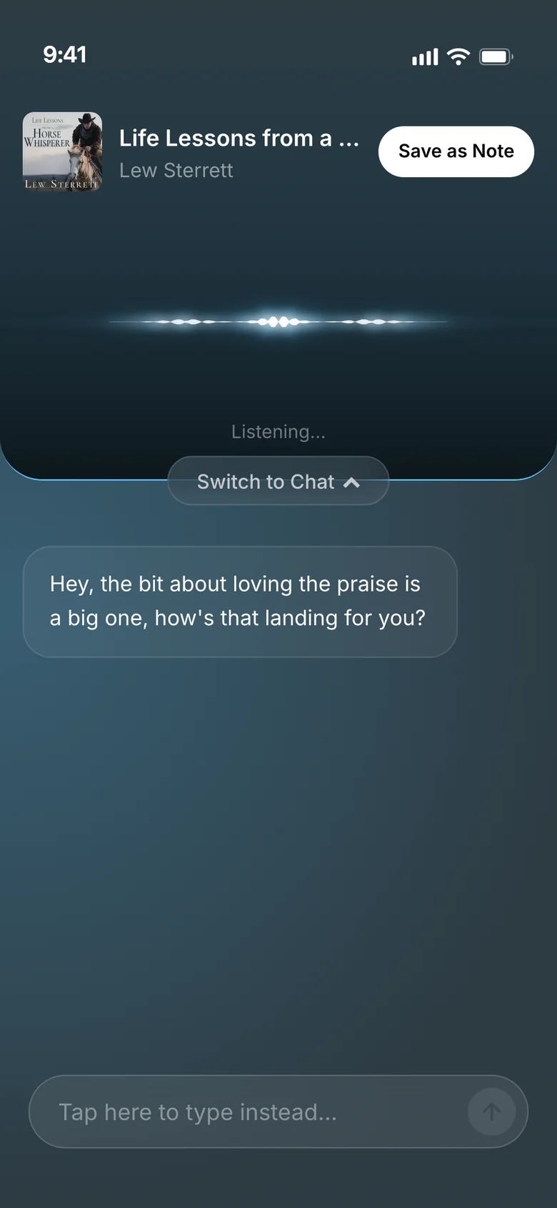 Voice mode in the Storybase reader, listening, with the assistant's spoken question shown as text