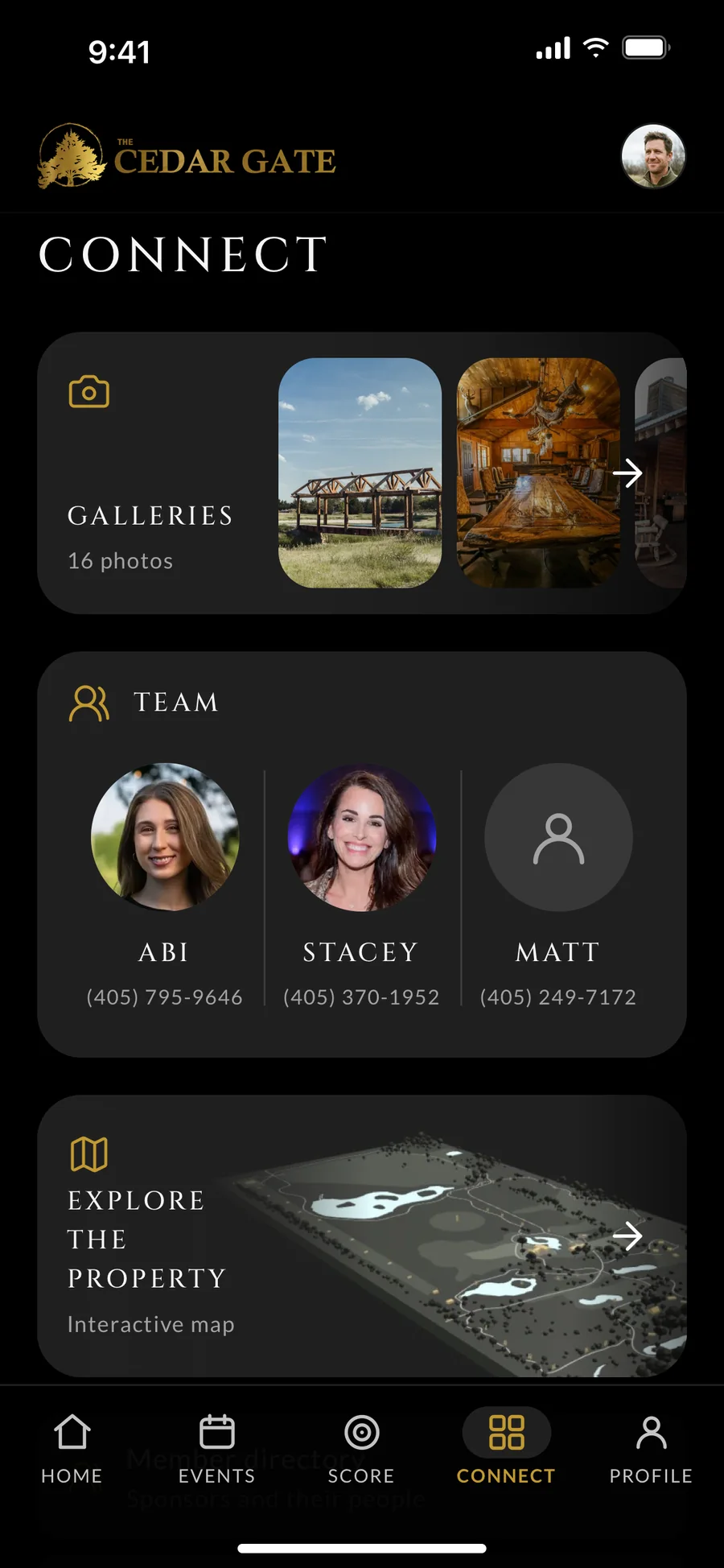 The Connect tab in The Cedar Gate app: galleries, the team, and the property map