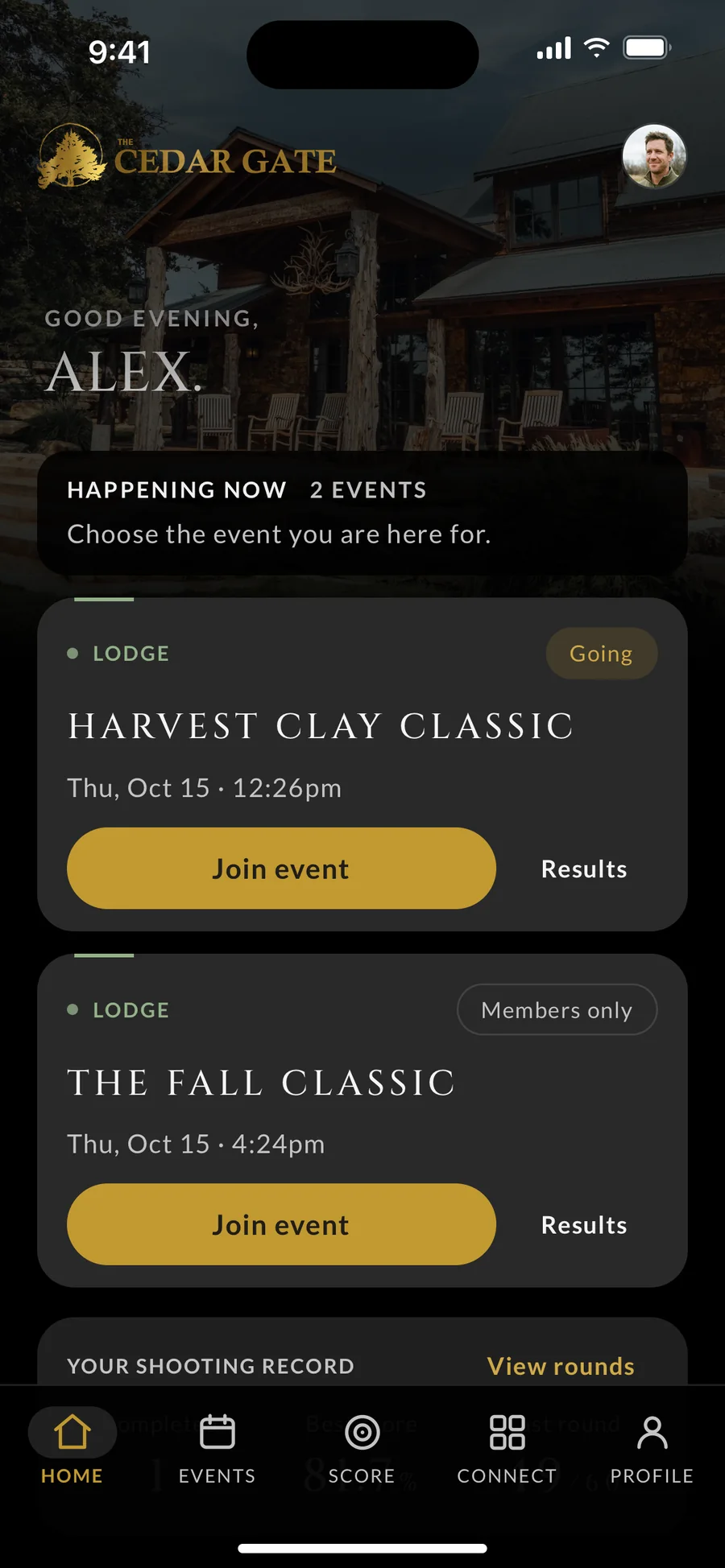 Home in The Cedar Gate app, with the events happening now