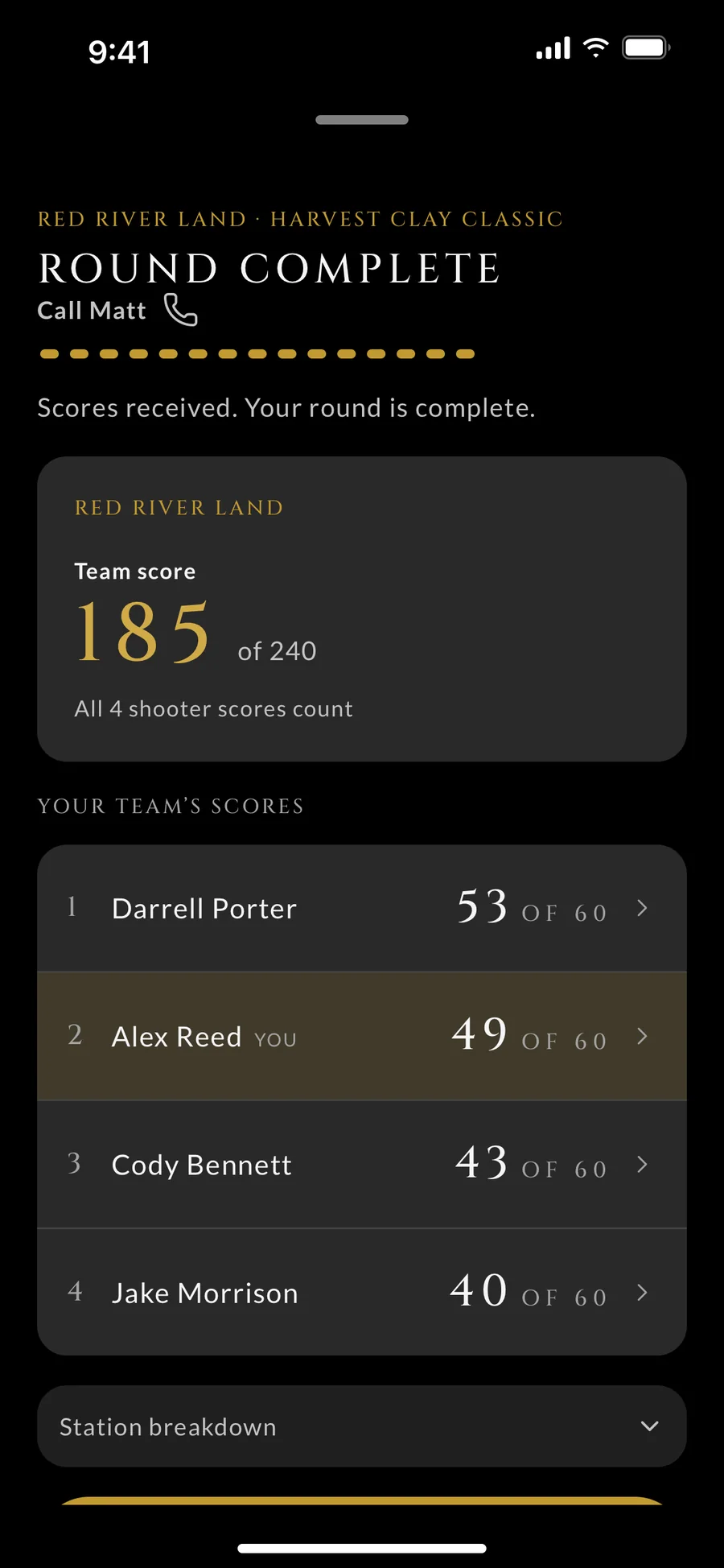 A squad's scores at the end of a round in The Cedar Gate app